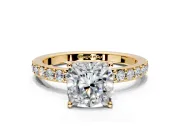 Solitaire Engagement Ring Setting for Cushion Cut Center with Round Cut Pave Band and Prong Head in Yellow Gold