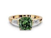 3 Stone Engagement Ring Setting for Fancy Green Cushion Cut Center with Baguette Accents and Prong Head in Yellow Gold