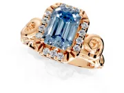 Halo Engagement Ring Setting for Fancy Blue Emerald Cut Center with Open Scroll Shoulders and Prong Head in Rose Gold