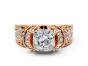 Pave Engagement Ring Setting for Cushion Cut Center with Curved Accent Rows, Openwork and Prong Head in Rose Gold