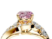 Halo Engagement Ring Setting for Fancy Pink Cushion Cut Center with Marquise and Pave Bypass Band and Prong Head in Yellow Gold