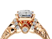 Solitaire Engagement Ring Setting for Radiant Cut Center with Filigree Accent Basket and Prong Head in Rose Gold