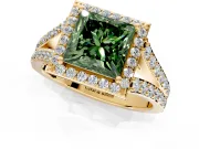 Halo Engagement Ring Setting for Fancy Green Princess Cut Center with Narrow Pave Split Shank and Prong Head in Yellow Gold