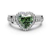 Halo Engagement Ring Setting for Fancy Green Heart-Shaped Center with Wide Band, Inlaid Accent Row and Prong Head in Platinum
