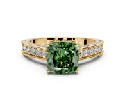 Solitaire Engagement Ring Setting for Fancy Green Cushion Cut Center with Milgrain-Framed Pave Band and Prong Head in Yellow Gold