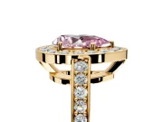 Bezel-Framed Halo Engagement Ring Setting for Fancy Pink Pear-Shaped Center with Pave Band and Prong Head in Yellow Gold