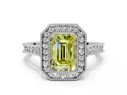 Halo Engagement Ring Setting for Fancy Yellow Emerald Cut Center with Milgrain Pave Band and Bezel Head in Sterling Silver