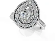 Halo Engagement Ring Setting for Pear-Shaped Center with Milgrain Frame, Pave Band and Prong Head in White Gold