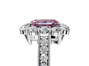 Halo Engagement Ring Setting for Fancy Pink Emerald Cut Center with Milgrain Channel Band and Prong Head in White Gold