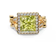 Halo Engagement Ring Setting for Fancy Yellow Princess Cut Center with Leaf Motif Split Shank and Prong Head in Yellow Gold