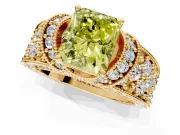 Pave Engagement Ring Setting for Fancy Yellow Radiant Cut Center with Curved Accent Rows, Openwork and Prong Head in Yellow Gold