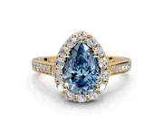 Floral Halo Engagement Ring Setting for Fancy Blue Pear-Shaped Center with Large Halo Accents and Prong Head in Yellow Gold