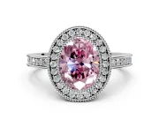 Halo Engagement Ring Setting for Fancy Pink Oval Center with Milgrain Halo, Pave Band and Prong Head in White Gold