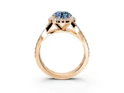 Halo Engagement Ring Setting for Fancy Blue Round Cut Center with Narrow Pave Split Shank and Prong Head in Rose Gold