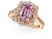 Milgrain Halo Engagement Ring Setting for Fancy Pink Emerald Cut Center with Bezel Point Accents and Prong Head in Rose Gold