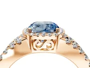 Halo Engagement Ring Setting for Fancy Blue Cushion Cut Center with Wide-Open Pave Split Shank and Prong Head in Rose Gold