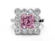 Cluster Halo Engagement Ring Setting for Fancy Pink Princess Cut Center with Milgrain Bezel Accents and Prong Head in White Gold