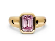 Solitaire Engagement Ring Setting for Fancy Pink Emerald Cut Center with Wide Band and Bezel Head in Yellow Gold