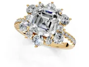 Floral Halo Engagement Ring Setting for Asscher Cut Center with Pave Accents and Prong Head in Yellow Gold