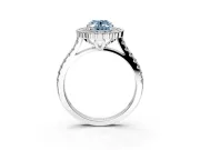 Milgrain Floral Halo Engagement Ring Setting for Fancy Blue Oval Center with Pave Band and Prong Head in Platinum