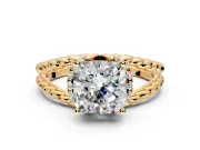 Halo Engagement Ring Setting for Cushion Cut Center with Rope Twist Split Shank and Prong Head in Yellow Gold