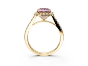 Halo Engagement Ring Setting for Fancy Pink Princess Cut Center with Narrowing Pave Band and Prong Head in Yellow Gold