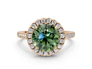 Halo Engagement Ring Setting for Fancy Green Round Cut Center with Raised Halo, Pave Band and Prong Head in Rose Gold