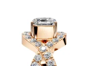 Halo Engagement Ring Setting for Asscher Cut Center with Pave Infinity Twist Band and Prong Head in Rose Gold