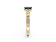 Cluster Engagement Ring Setting for Fancy Blue Emerald Cut Center with Bezel Accent Clusters and Prong Head in Yellow Gold