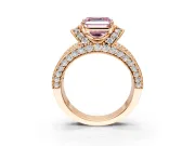 Pave Engagement Ring Setting for Fancy Pink Asscher Cut Center with Curved Accent Rows, Openwork and Prong Head in Rose Gold