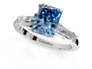 Bar-Set Engagement Ring Setting for Fancy Blue Radiant Cut Center with Tapered Baguette Accents and Prong Head in Platinum
