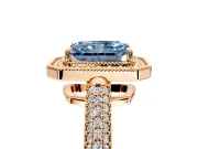 Milgrain Halo Engagement Ring Setting for Fancy Blue Radiant Cut Center with Three-Sided Pave Band and Prong Head in Rose Gold