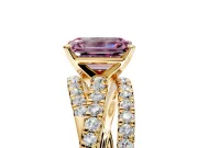 Solitaire Engagement Ring Setting for Fancy Pink Emerald Cut Center with Woven 3-Strand Pave Band and Prong Head in Yellow Gold