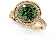 Halo Engagement Ring Setting for Fancy Green Round Cut Center with Milgrain Pave Band and Bezel Head in Yellow Gold