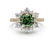 Floral Halo Engagement Ring Setting for Fancy Green Cushion Cut Center with Pave Accents and Prong Head in Yellow Gold