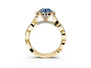 Halo Engagement Ring Setting for Fancy Blue Round Cut Center with Twist Band and Prong Head in Yellow Gold