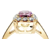 Floral Halo Engagement Ring Setting for Fancy Pink Emerald Cut Center with Large Halo Accents and Prong Head in Yellow Gold