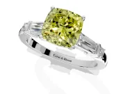 Bar-Set Engagement Ring Setting for Fancy Yellow Cushion Cut Center with Tapered Baguette Accents and Prong Head in White Gold