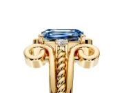 Solitaire Engagement Ring Setting for Fancy Blue Emerald Cut Center with Twisted Band and Scroll Prong Head in Yellow Gold