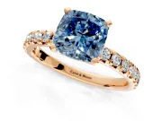 Solitaire Engagement Ring Setting for Fancy Blue Cushion Cut Center with Large Accents and Prong Head in Rose Gold