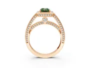 Halo Engagement Ring Setting for Fancy Green Emerald Cut Center with Framed Halo, Pave Band and Prong Head in Rose Gold