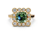 Cluster Halo Engagement Ring Setting for Fancy Green Cushion Cut Center with Milgrain Bezel Accents and Prong Head in Yellow Gold