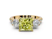 3 Stone Engagement Ring Setting for Fancy Yellow Princess Cut Center with Crossover Basket, Pave Band and Prong Head in Yellow Gold