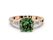3 Stone Engagement Ring Setting for Fancy Green Cushion Cut Center with Baguette Accents and Prong Head in Rose Gold