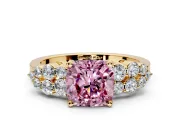 Cluster Engagement Ring Setting for Fancy Pink Cushion Cut Center with 2-Row Shoulder Clusters and Prong Head in Yellow Gold