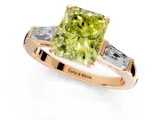 3 Stone Engagement Ring Setting for Fancy Yellow Radiant Cut Center with Tapered Baguettes, Plain Band and Prong Head in Rose Gold
