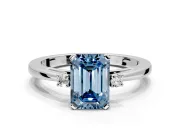 3 Stone Engagement Ring Setting for Fancy Blue Emerald Cut Center with Low-Set Round Cut Accents and Prong Head in Sterling Silver