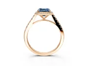 Halo Engagement Ring Setting for Fancy Blue Asscher Cut Center with Narrowing Pave Band and Prong Head in Rose Gold