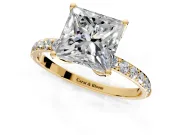 Solitaire Engagement Ring Setting for Princess Cut Center with Fine Pave Accents and Prong Head in Yellow Gold