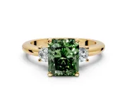 3 Stone Engagement Ring Setting for Fancy Green Radiant Cut Center with Wide Plain Band and Prong Head in Yellow Gold